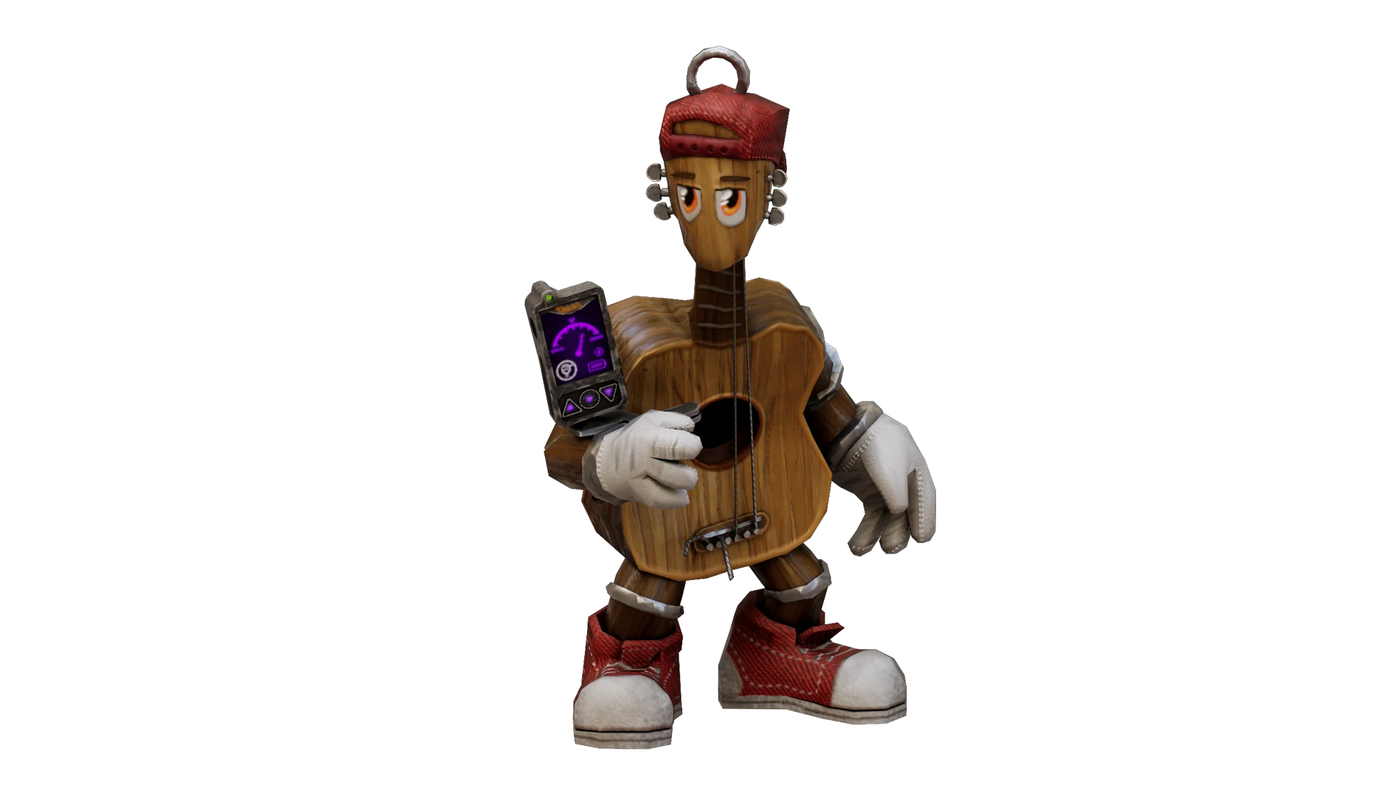 Charm, a stylized wooden guitar character holding a handheld device