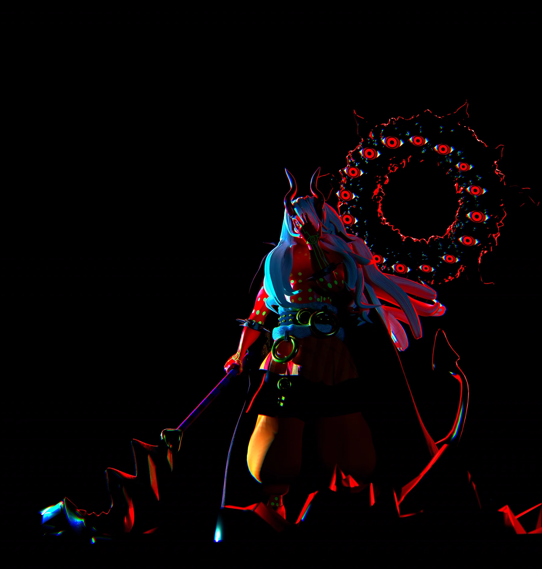 Dramatic red and blue character render of Imu with an eye-covered halo