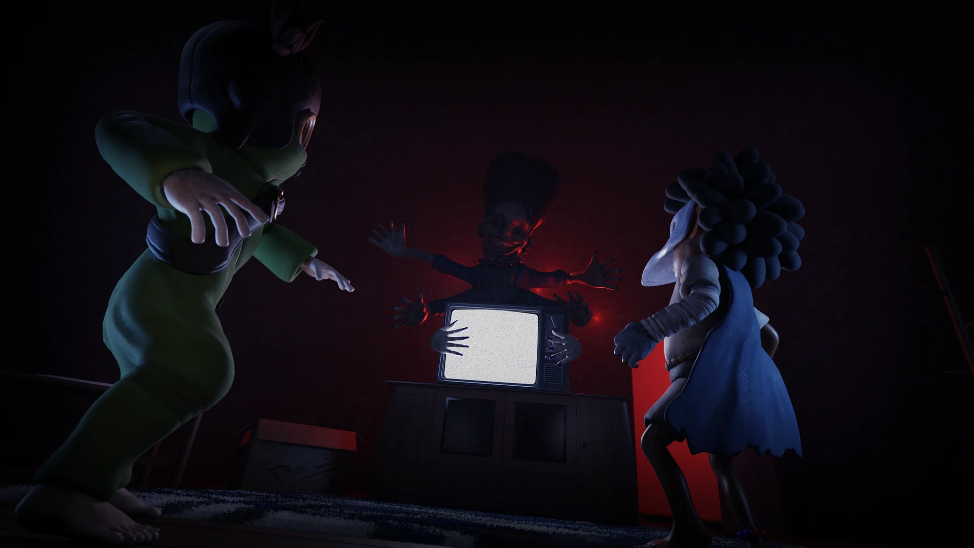 Little Nightmares inspired final scene with three characters around a television